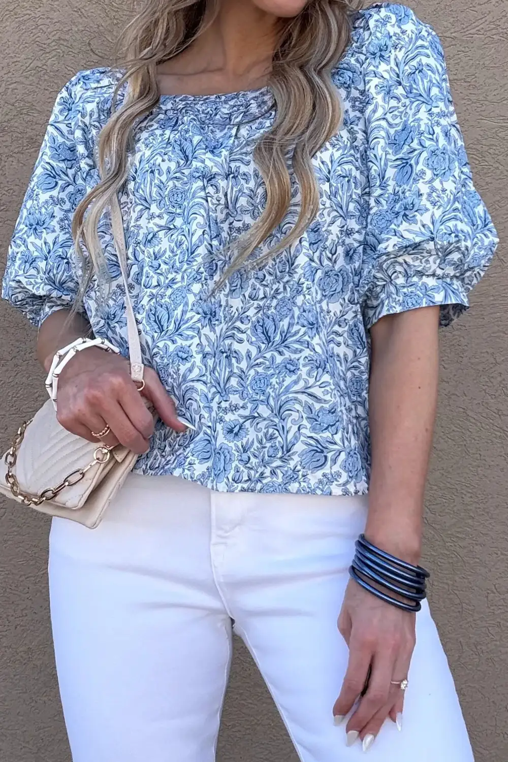 Floral Pleated Puff Sleeve Blouse