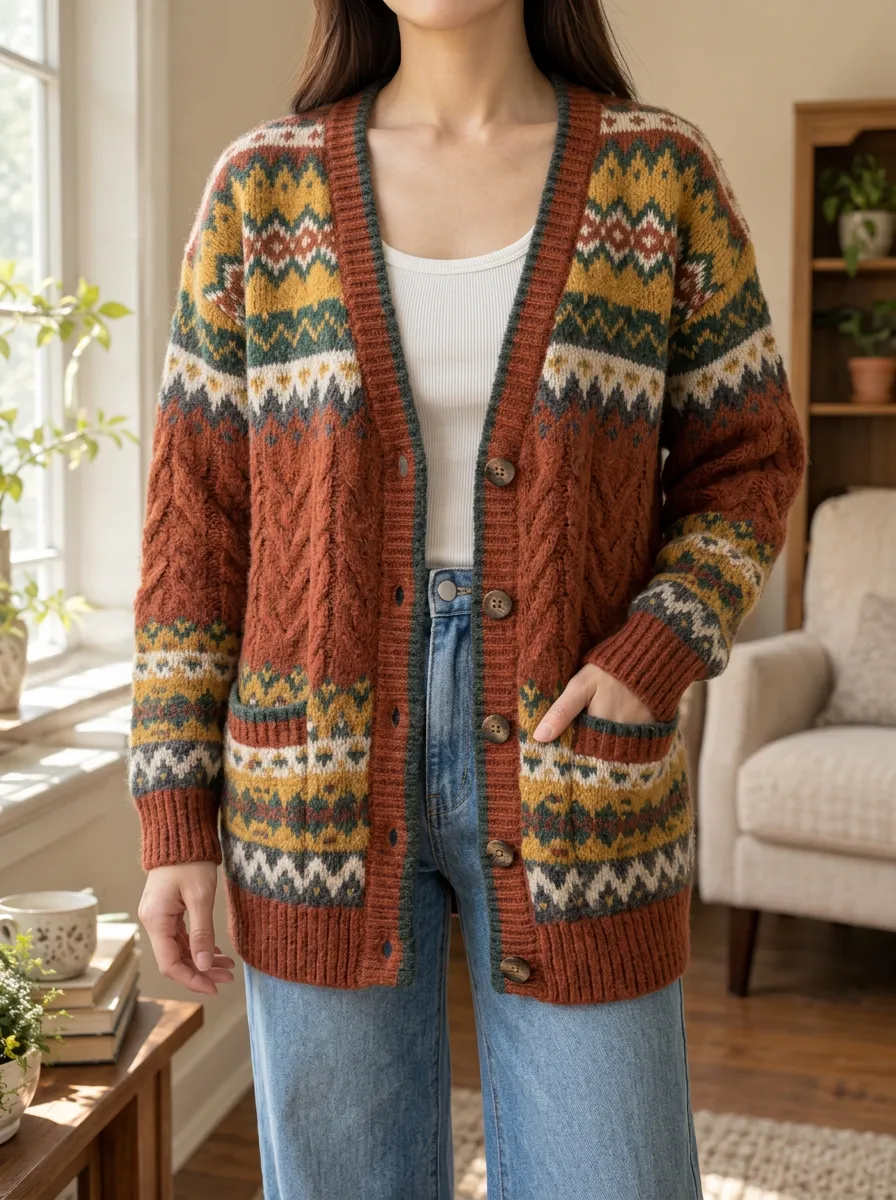 Women's Boho Autumn Vintage Fair Isle Pattern Printed Cardigan