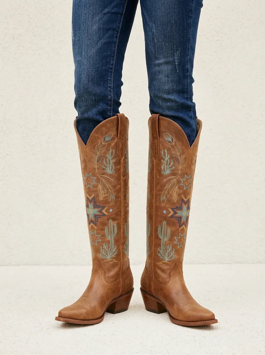 Women's Western Cactus Feather Star Embroidered Pointed-Toe Stacked-Heel Denim Over-the-Knee Boots