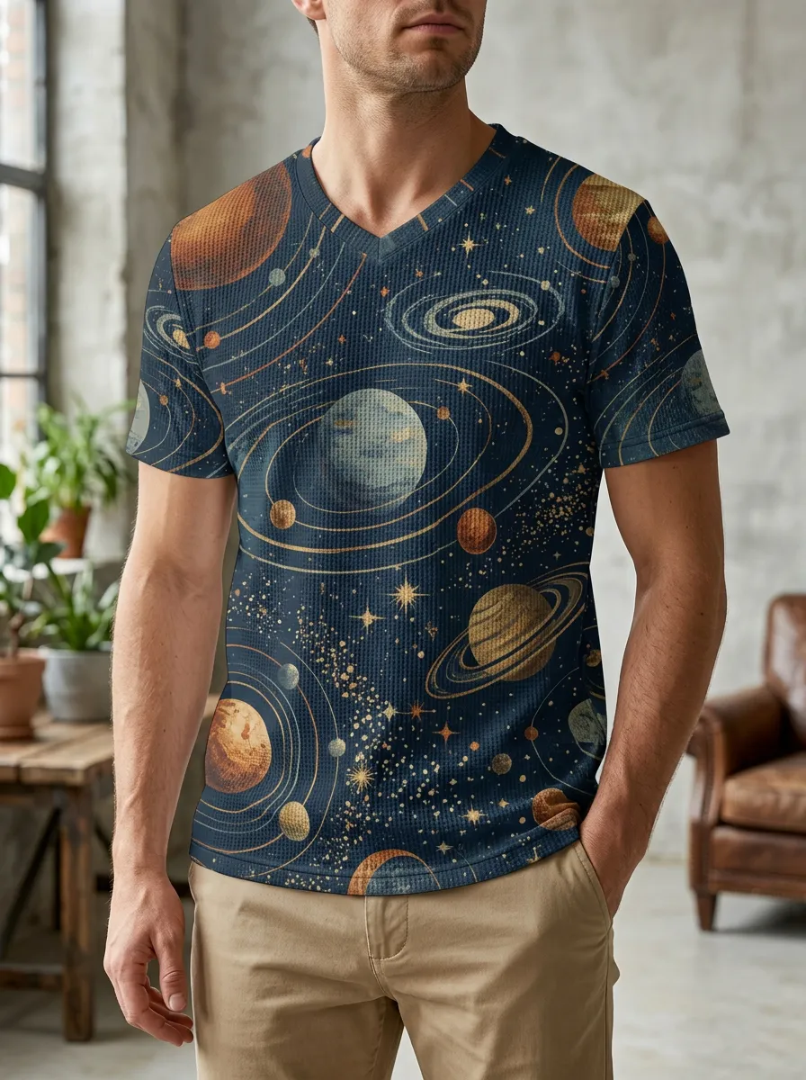 Men's Celestial Astronomy Lover Solar System Planets V-Neck T-Shirt