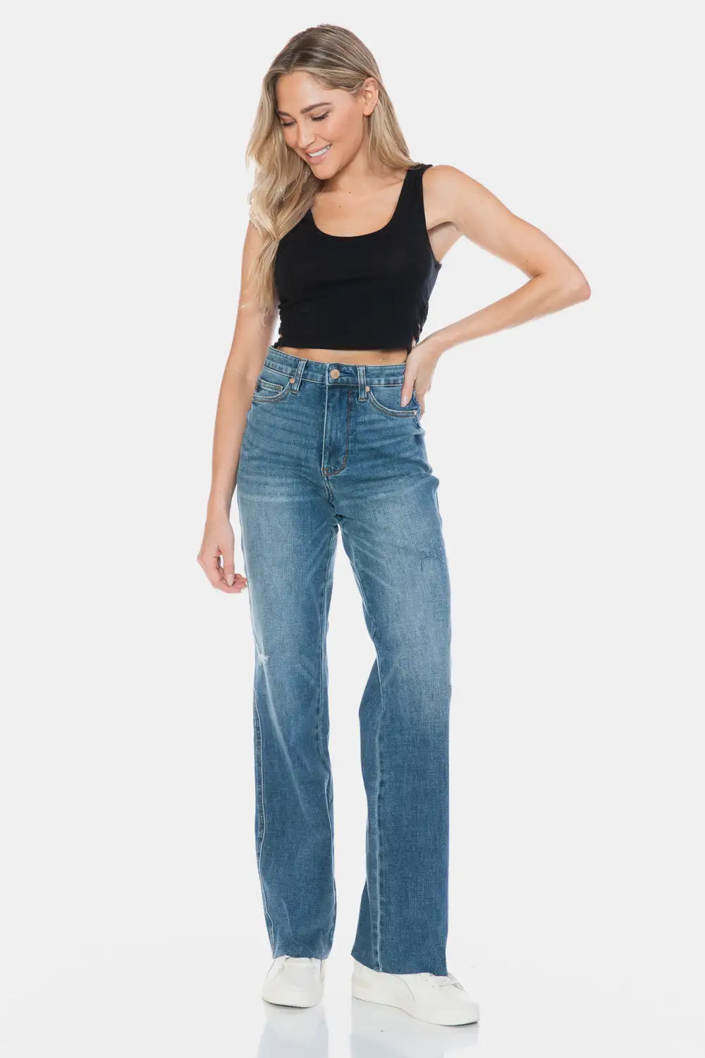 Relaxed Straight Leg Raw Hem Denim Jeans