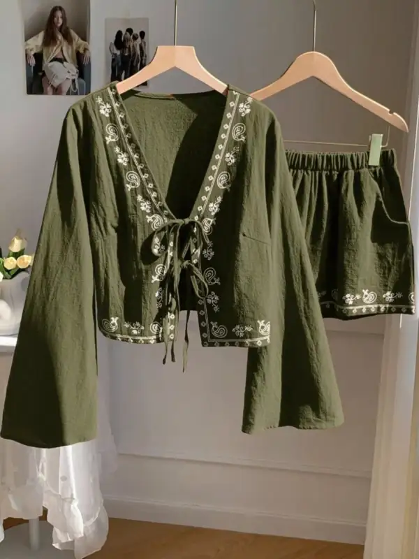 Embroidered Tie Front Top & Shorts Set