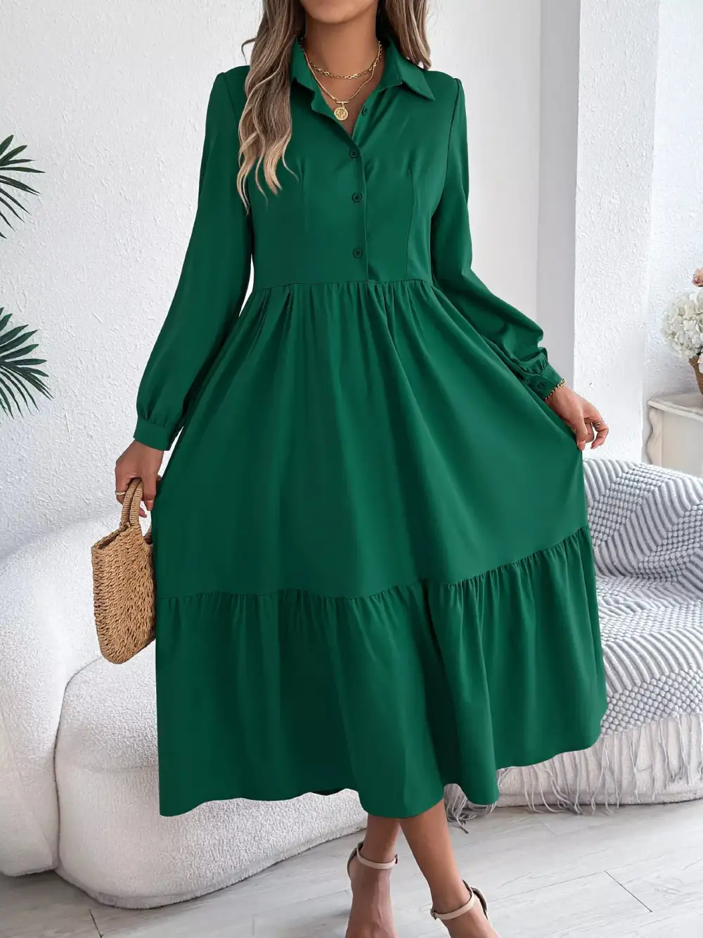 Button Front Tiered Long Sleeve Midi Dress