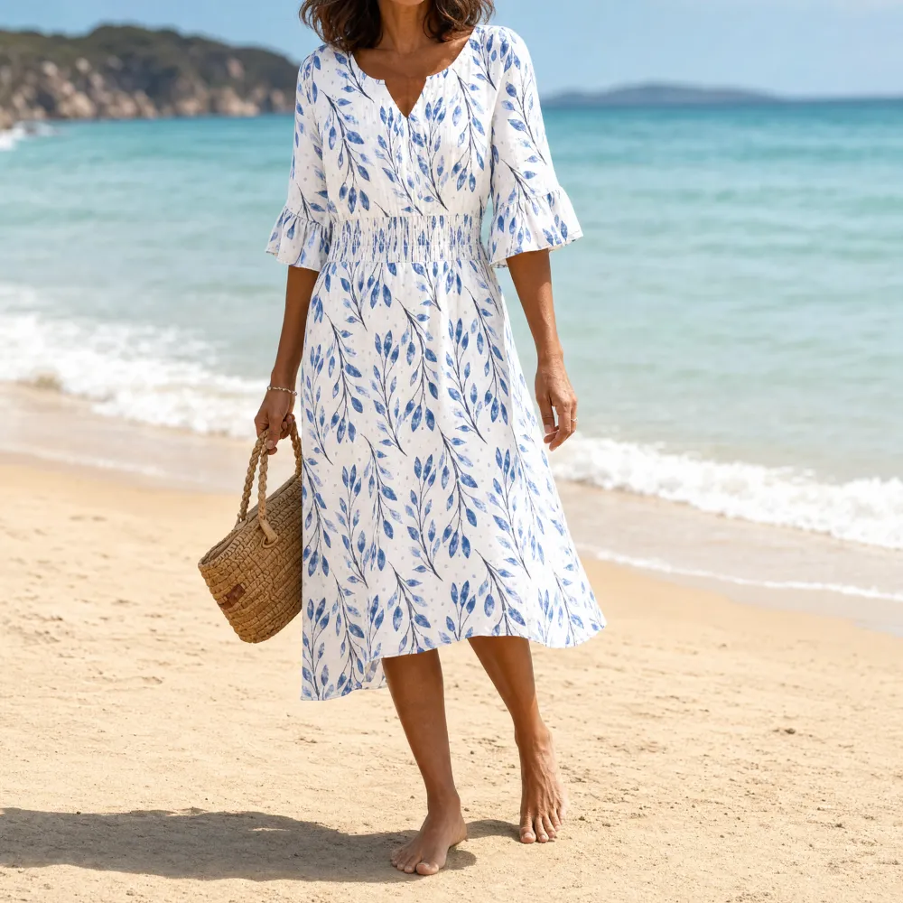 V Neck Floral Flutter Midi Dress