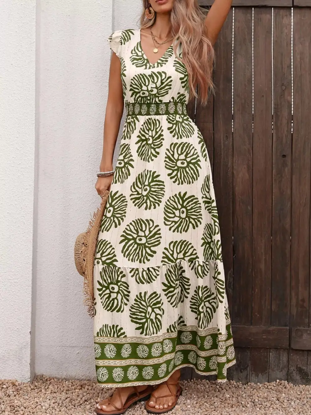 Printed V Neck Maxi Dress