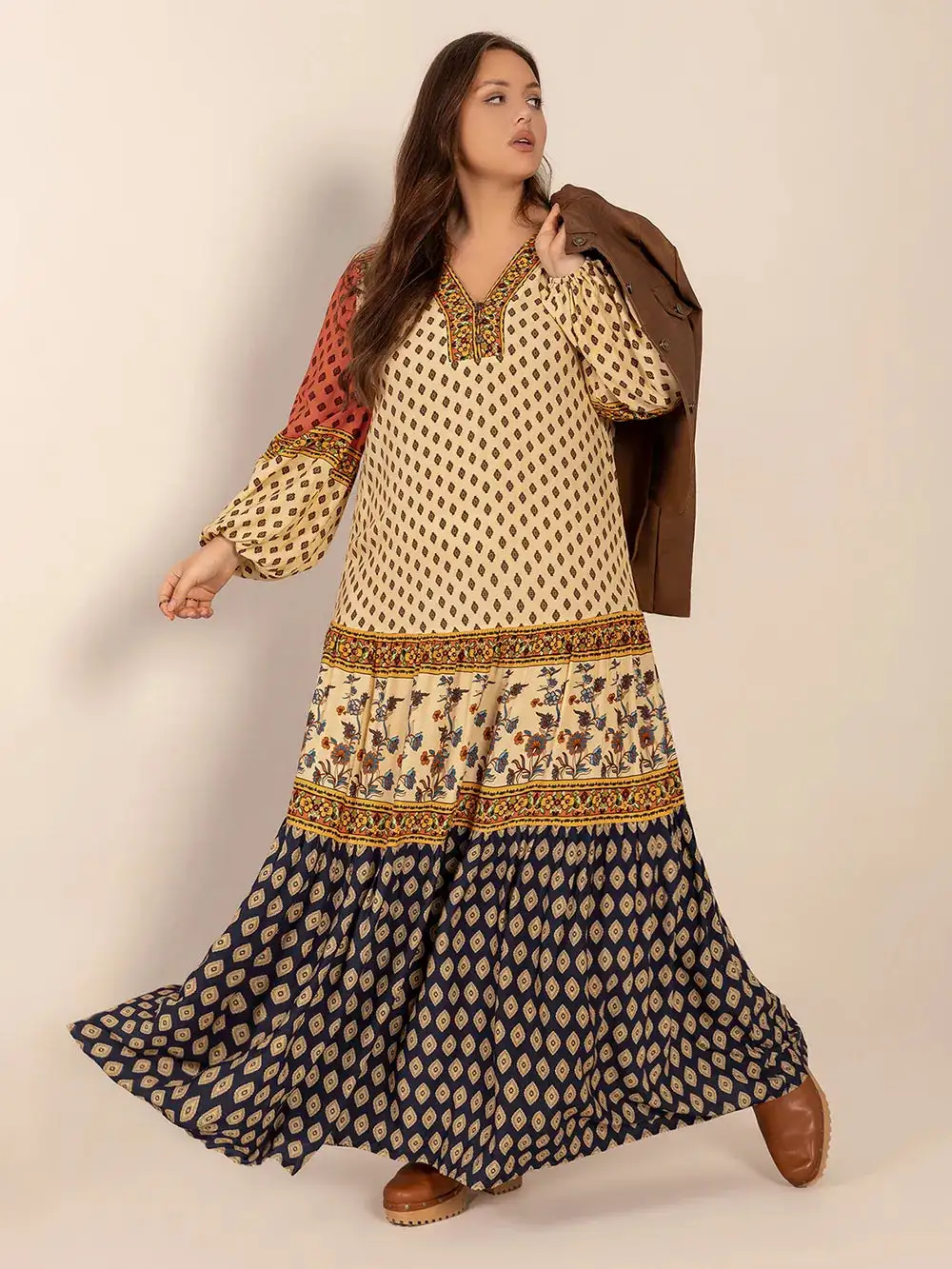 Printed V-Neck Long Sleeve Maxi Dress