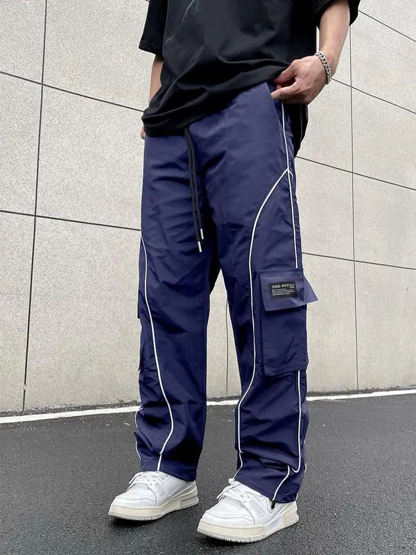 Men’s Loose Fit Cargo Pants with Letter Patch & Contrast Binding – Casual Drawstring Trousers for Spring, Fall & Winter