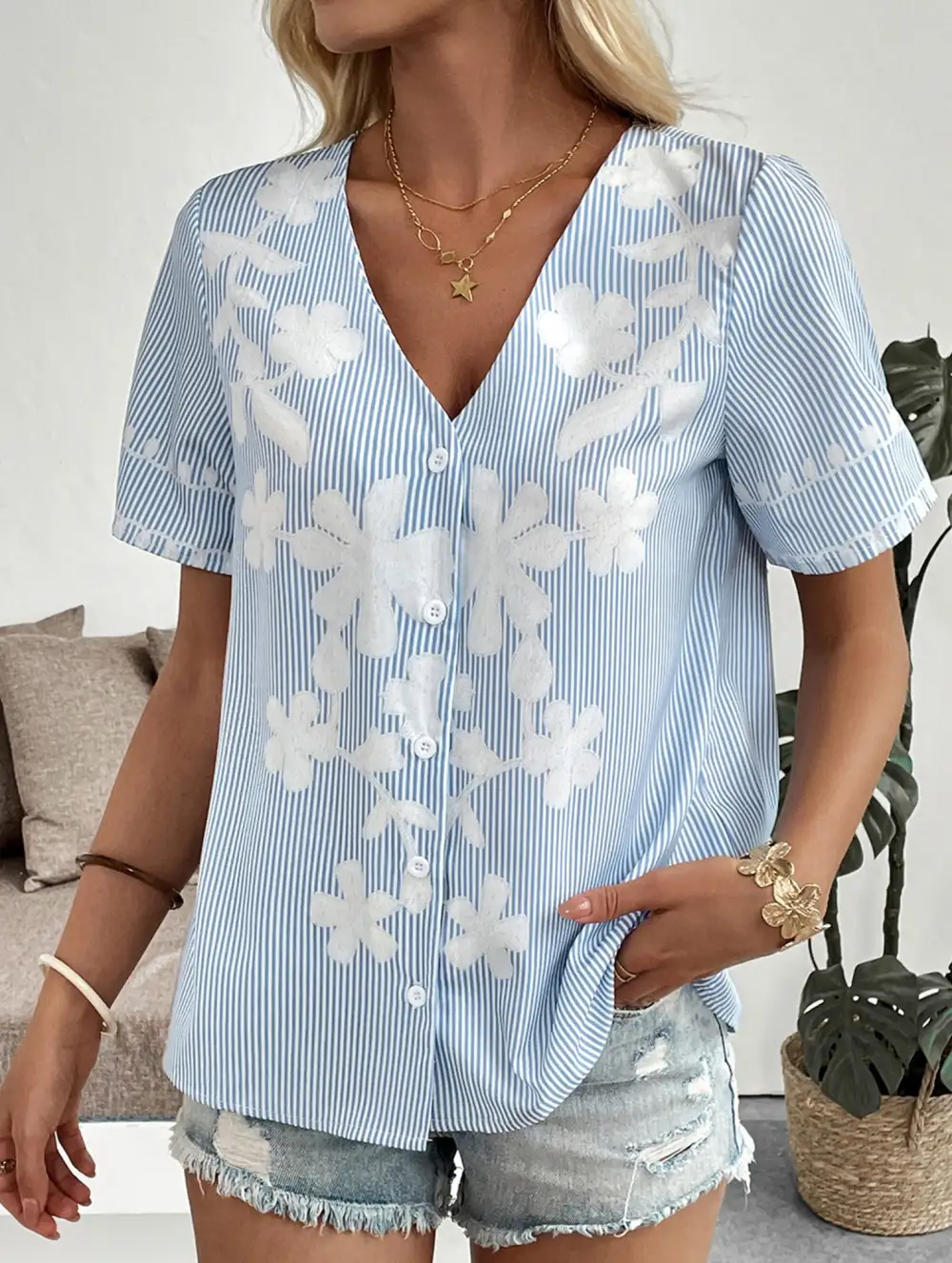 Stripe Floral V Neck Shirt