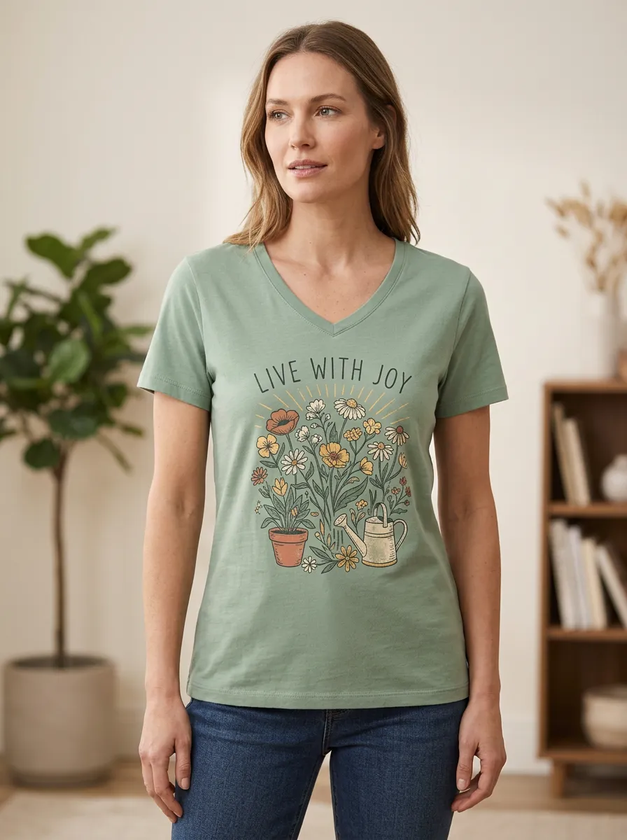 Women's Gardening Live With Joy Floral Print V-Neck T-Shirt
