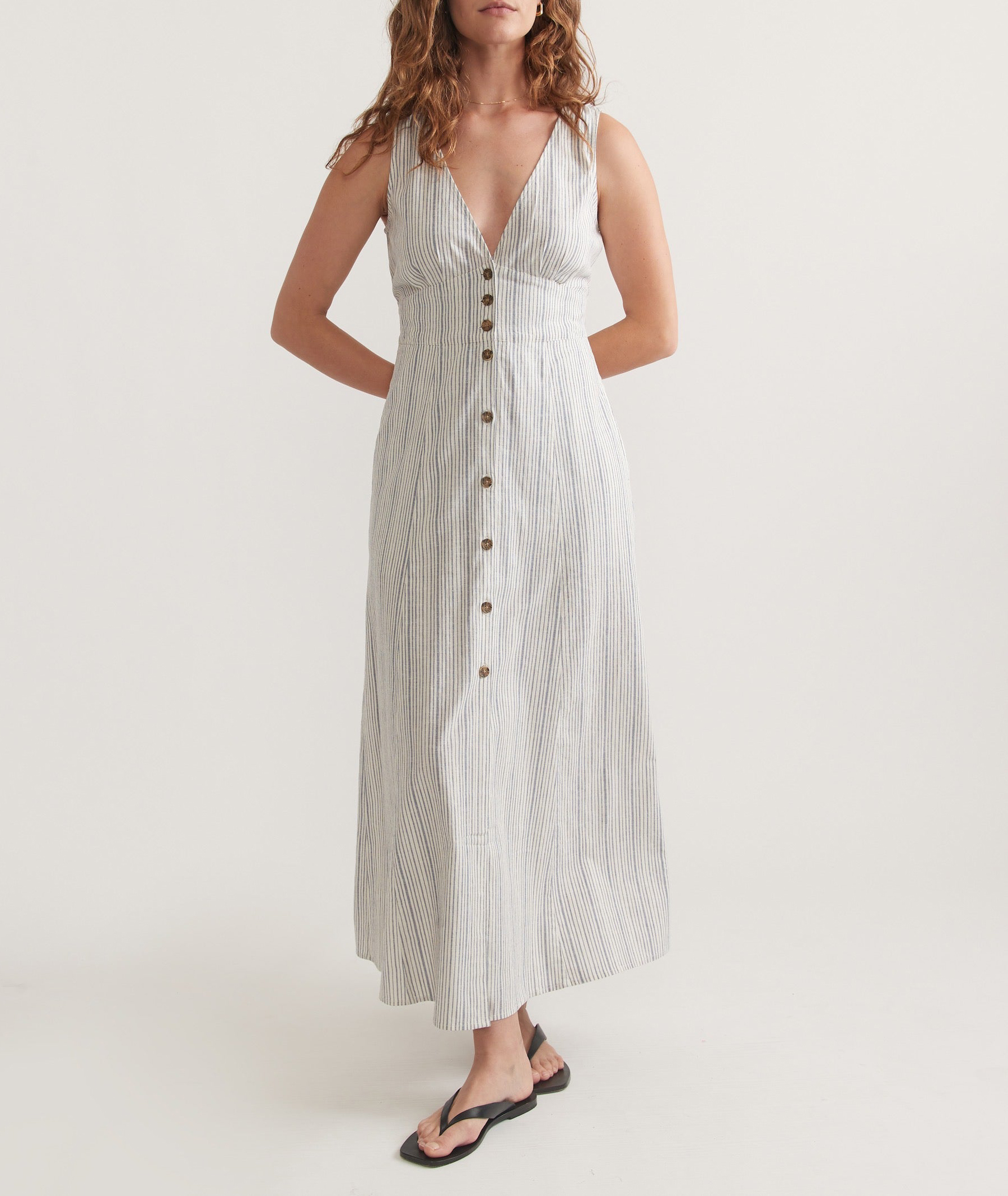 Striped Button-Front V-Neck Maxi Dress