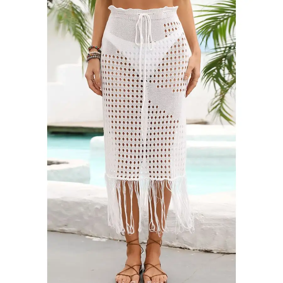 Fringe Hem Drawstring Waist Openwork Skirt