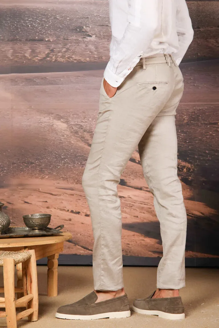 Men's Light Beige Cotton and Linen Twill Elastic Waist Slim Fit Trousers