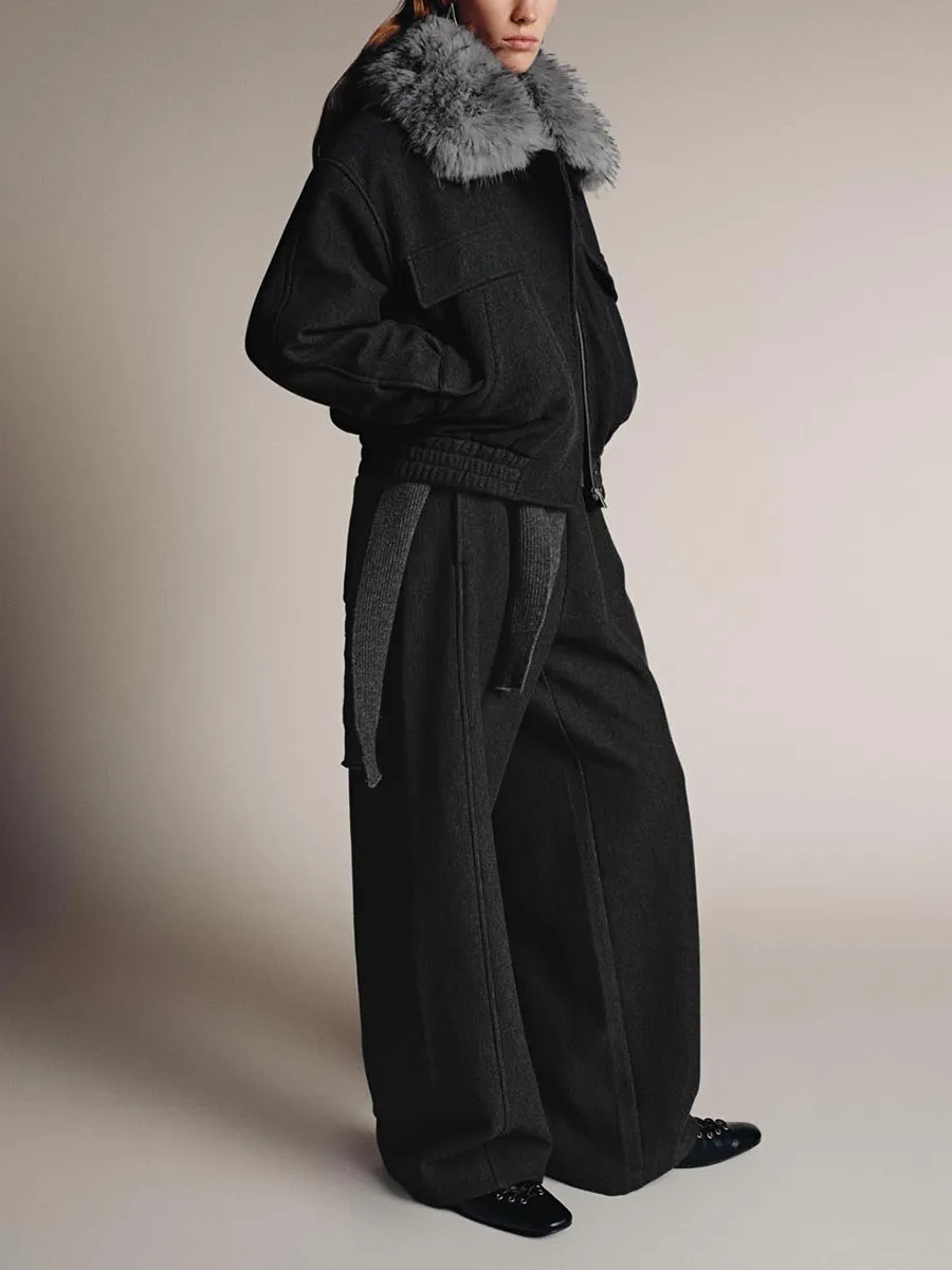 Ladies' Dark Grey Elastic Casual Straight-Leg Trousers