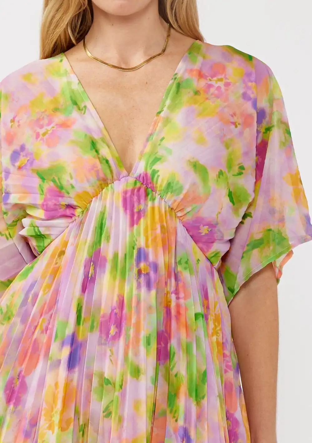 Pleated Floral V-Neck Dress