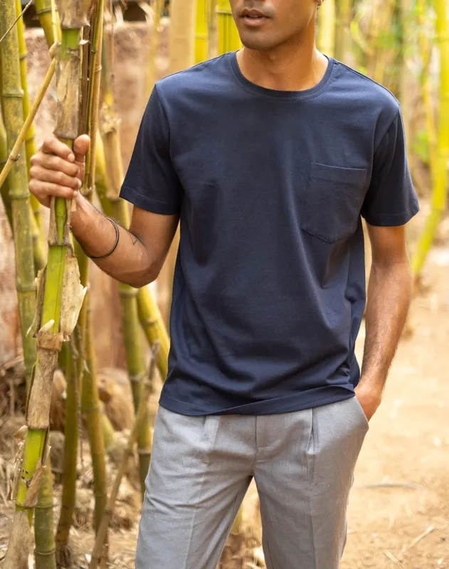 Deep Blue Cotton Pocket Crew Neck T-Shirt