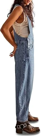 Women's Denim-Effect Print Plicated Wide Leg Overalls Jumpsuit, Minimalist Chic Fashion Casual Pocket Square Neck Overalls Jumpsuit for Daily Outdoor Wear, Ladies Clothes for All Seasons