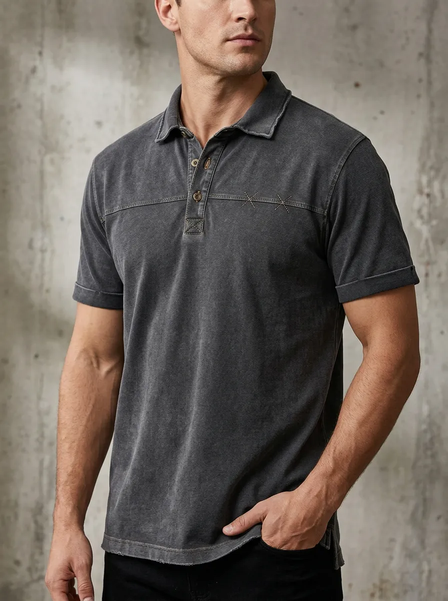 Men's Vintage Washed Cross Stitch Detail Polo Shirt