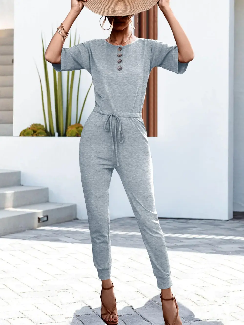 Buttoned Short Sleeve Round Neck Jumpsuit