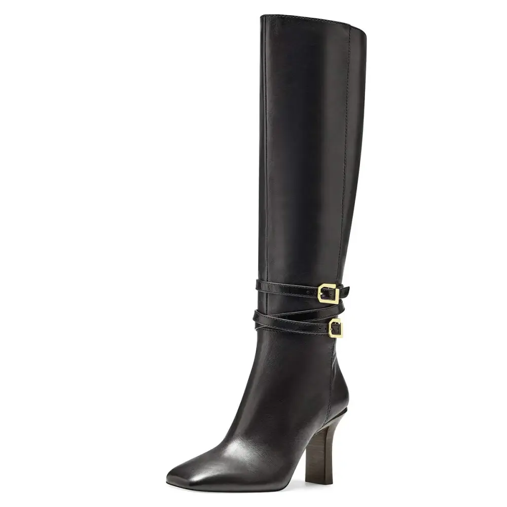 Buckle-Detail Zip-Up Square-Toe Pointed-Toe Knee-High Boots
