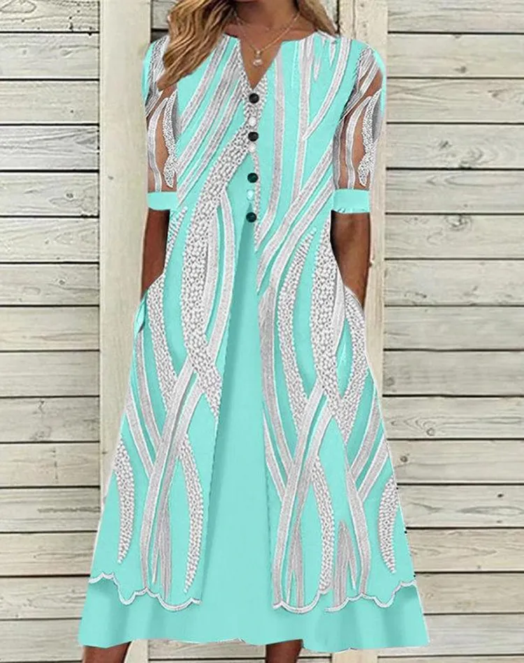 V-neck Printed Loose Short Sleeve Maxi Dress