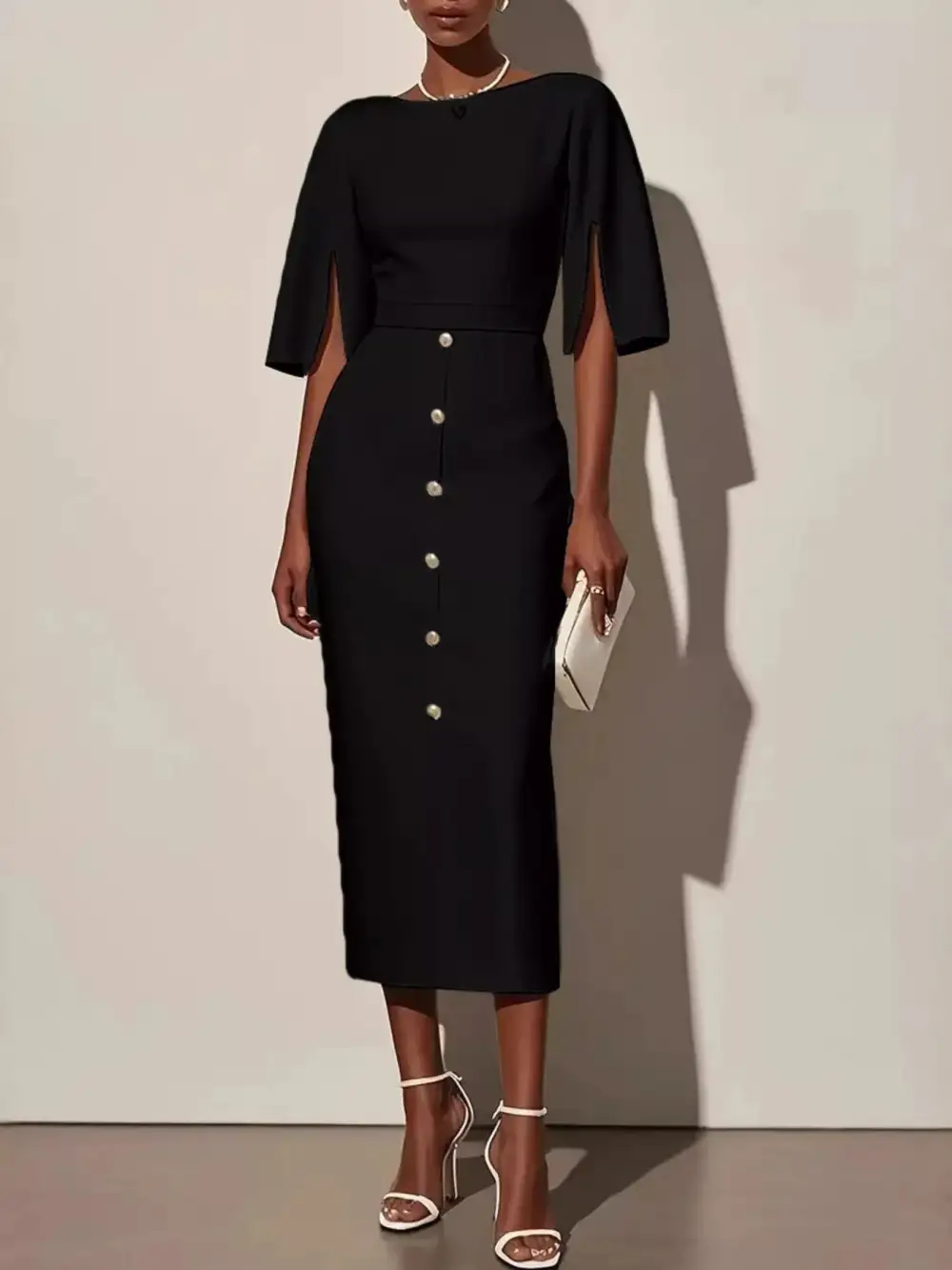 Polished Detail Slit Midi Dress