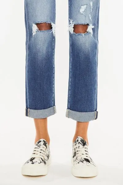 Versatile High Waist Straight Leg Distressed Denim Jeans