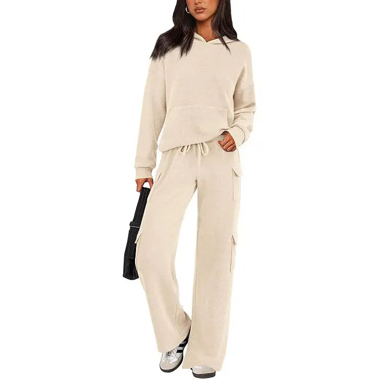 Womens Fall Outfit 2-Piece Knitted Sets Hoodie Tracksuits Wide Leg Pants With Pocket