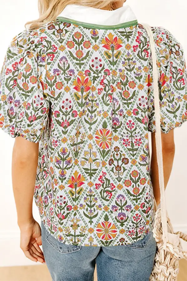 Floral Bubble Sleeve Casual Shirt