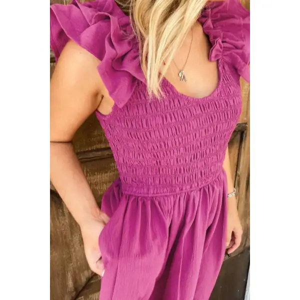 Solid Ruffled Straps Smocked Ruched Maxi Dress