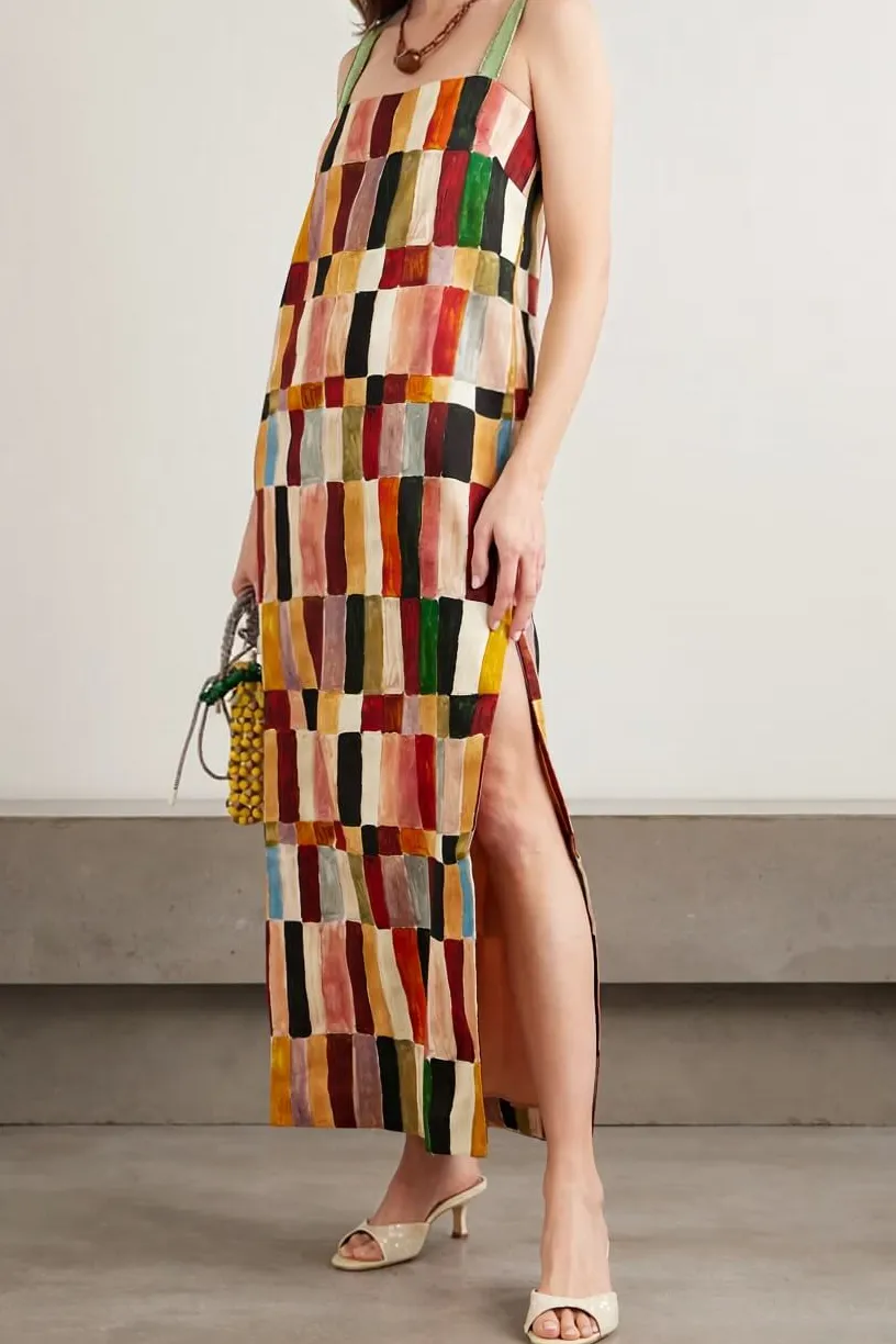 Geometric Print Linen Open Back Midi Dress