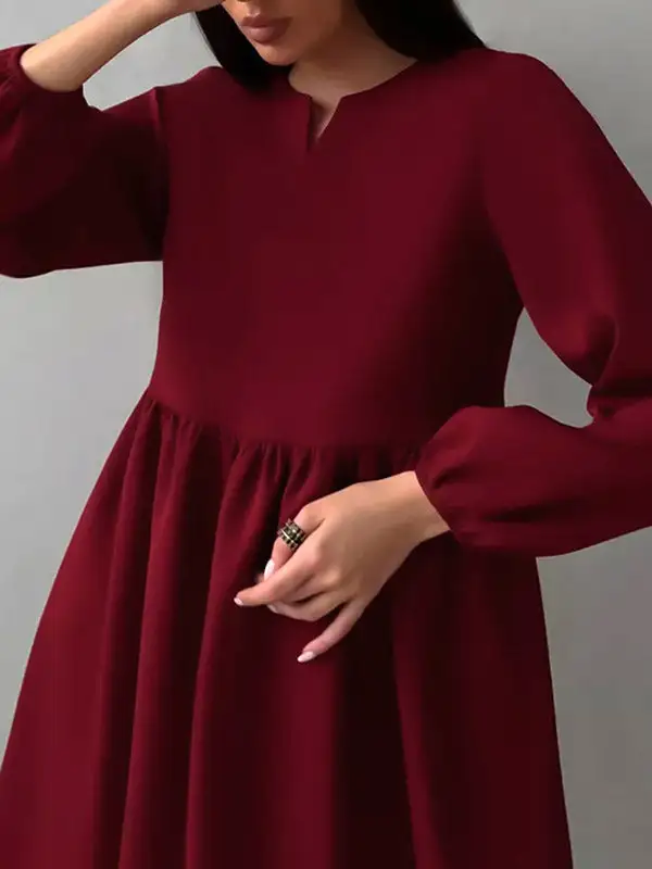 Relaxed Puff Sleeve Elasticity Pleated Solid Color Split Joint Round Neck