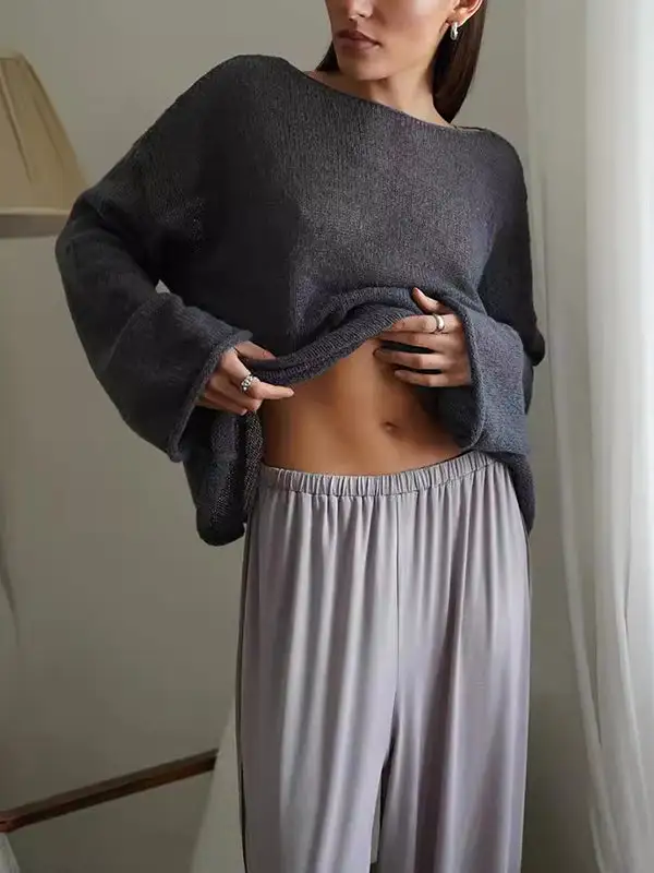 Sheer Detail Paneled Round Neck Long Sleeve Relaxed Fit Sweater