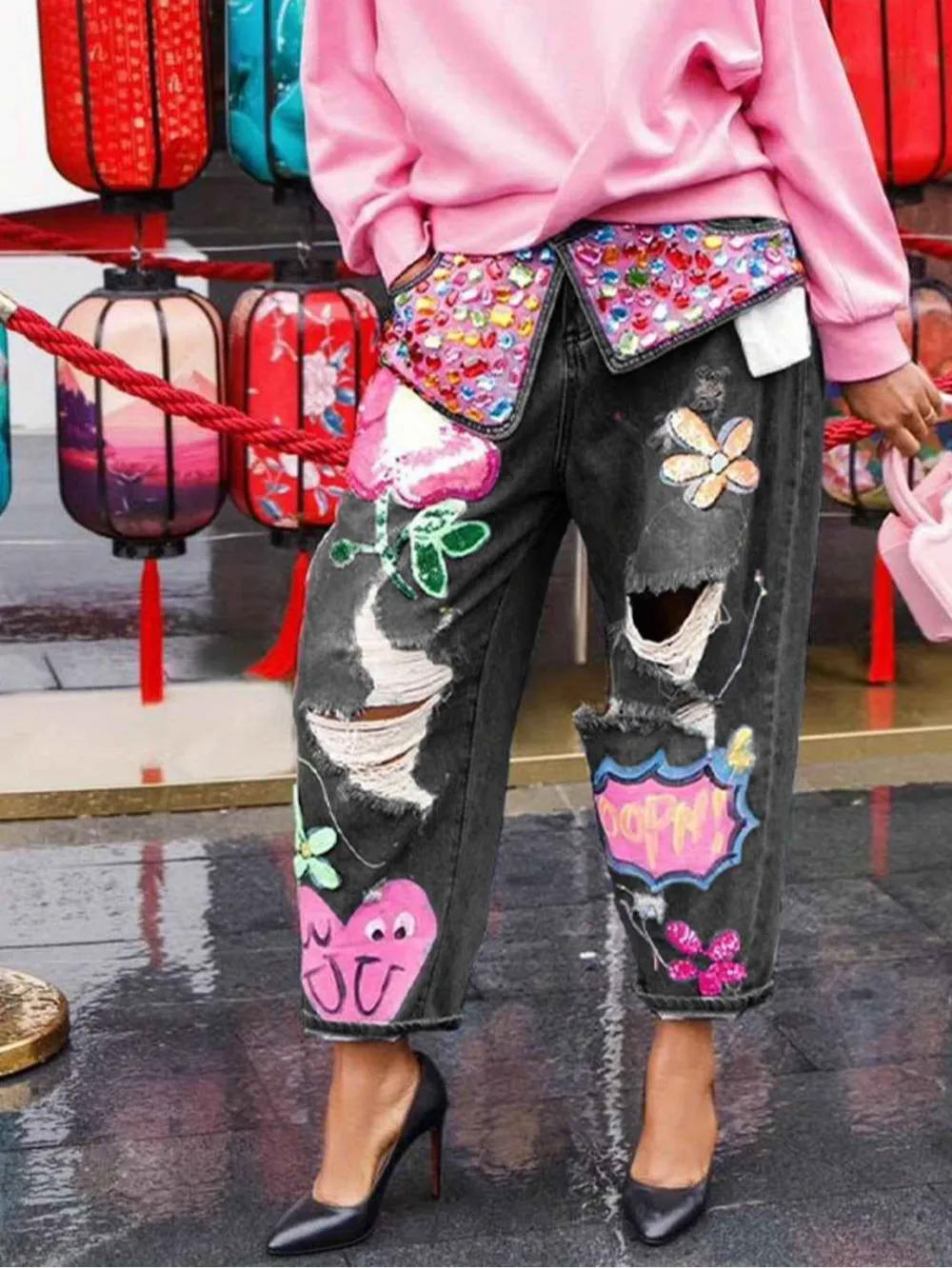 Everyday High Waist Wide Leg Rhinestone Flower Horseshoe Ripped Loose Cropped Jeans