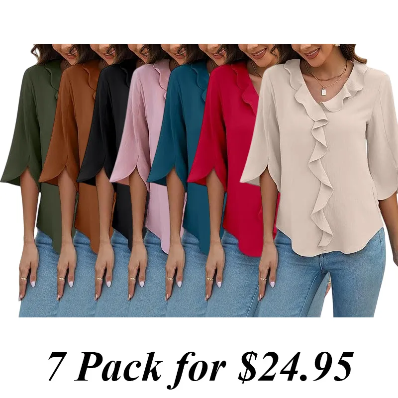 7PACK-Casual Blouses 3/4 Sleeve V Neck Ruffle Tops