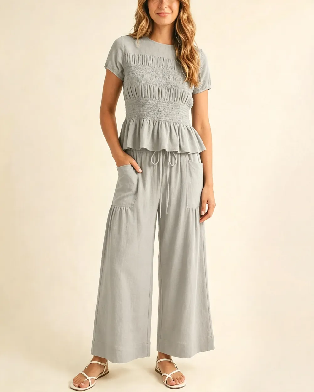 Women's 2-Piece Smocked Top and Wide-Leg Pants Set