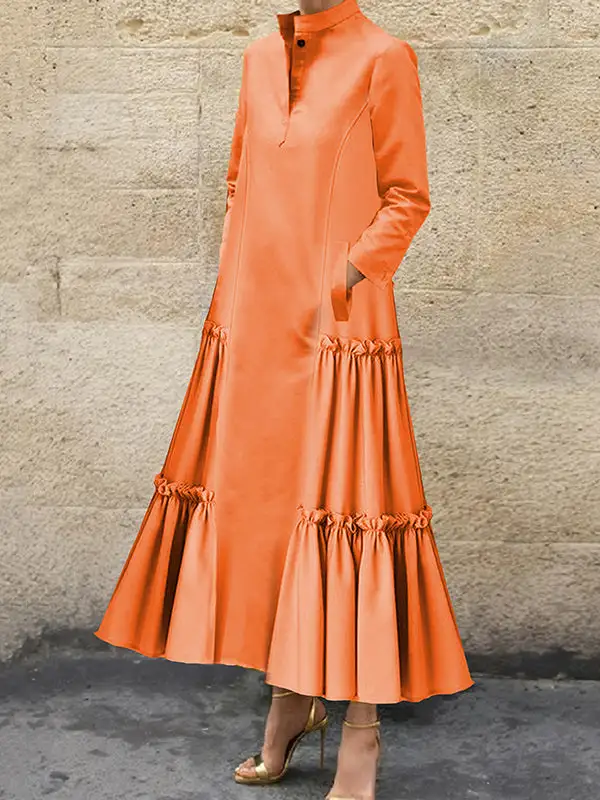 Pleated Ruffled Buttoned Long Maxi Dress