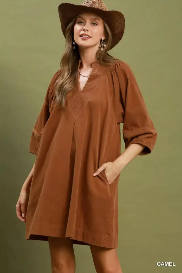 Relaxed Corduroy V-Neck Puff Sleeve Shift Dress With Pockets