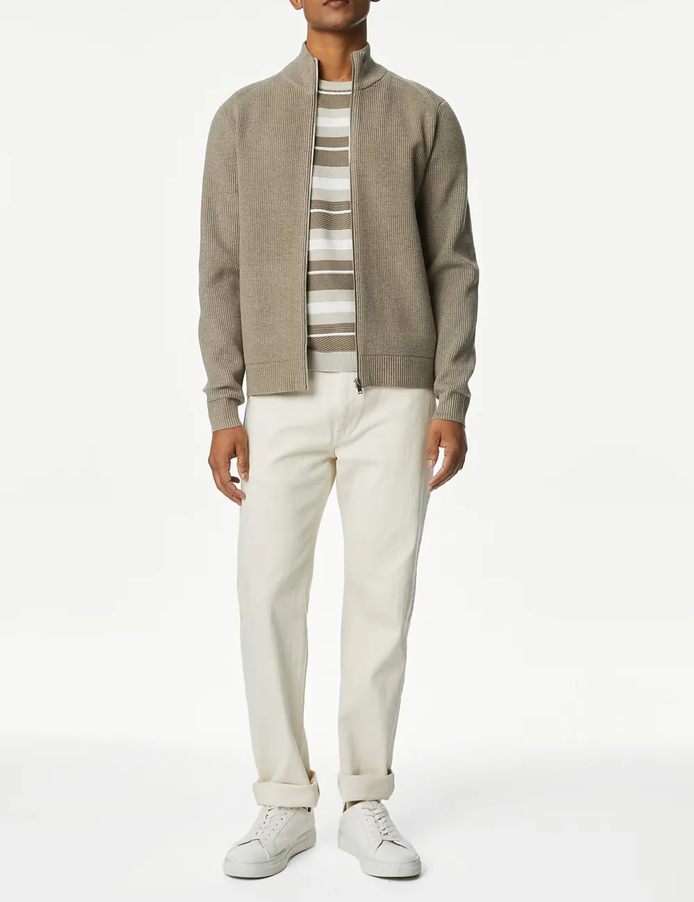 Men's Beige Cotton Blend Funnel Neck Zip Jumper