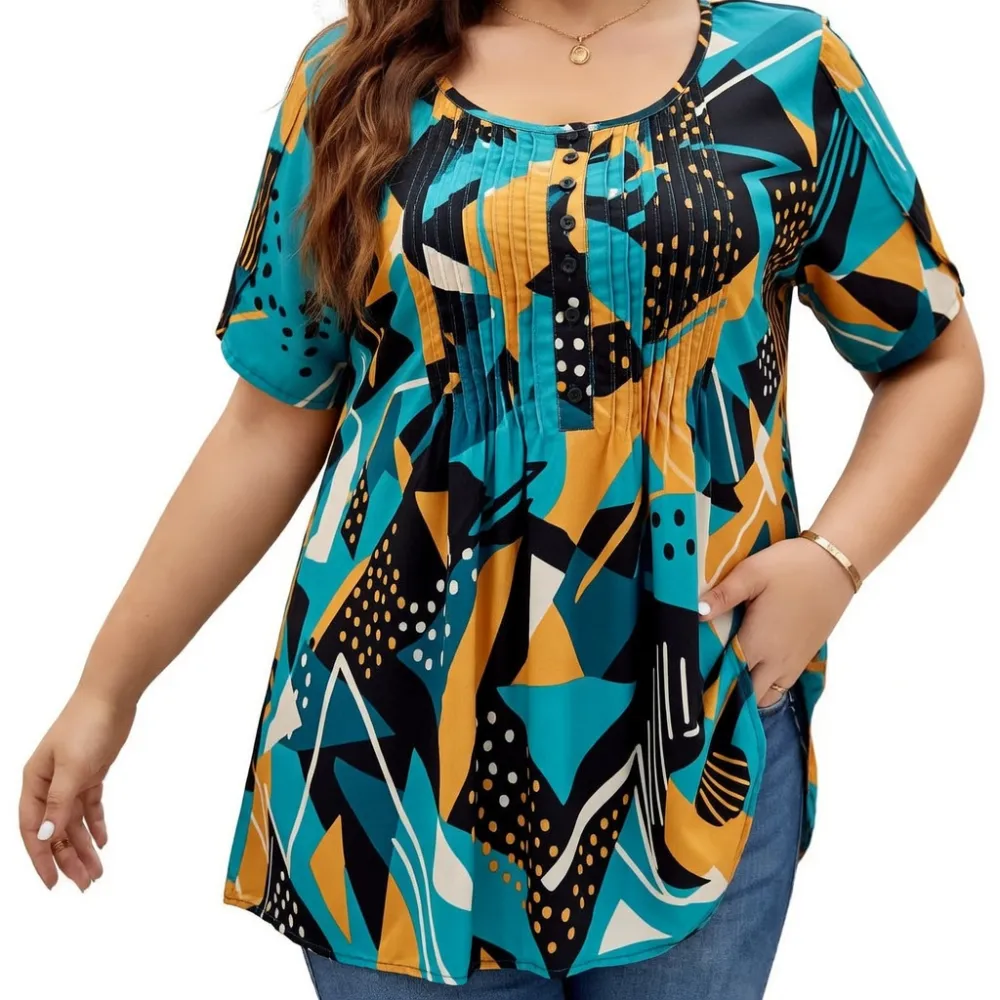 Women's Plus Size Summer Waist-Cinching Top with Round Neck and Printed Casual Short Sleeves