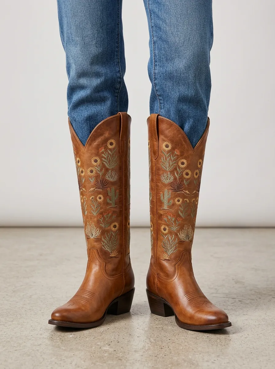 Women's Western Cactus Floral Sunflower Sun Wing Embroidered Denim Over-the-Knee Boots