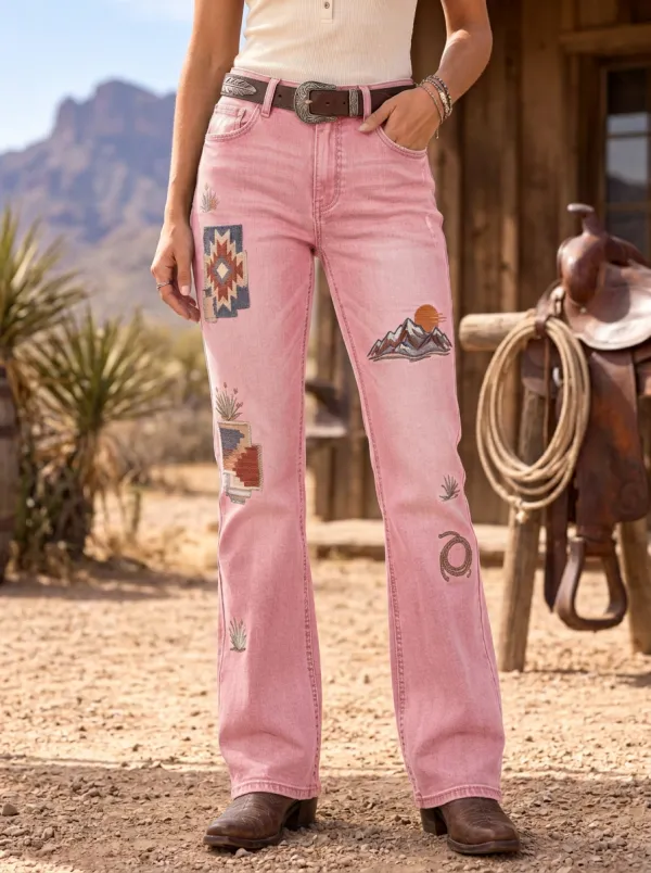 Women's Western Cowboy Mountain Desert Printed Jeans