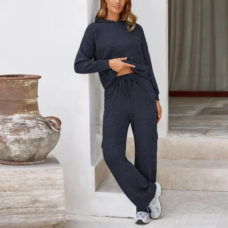 Women's 2-Piece Knitted Sets Hoodie & Wide Leg Pants with Pockets Drawstring