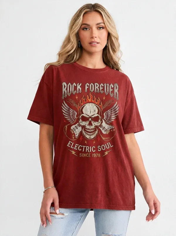 Women's Rock Music Lover Skull Wings Guitar Printed T-shirt