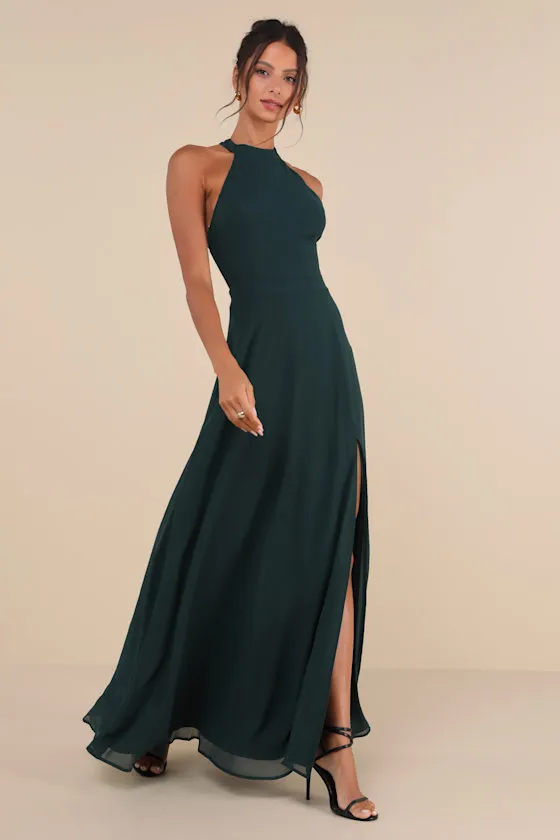 Confidently Charismatic Emerald Backless Halter Maxi Dress