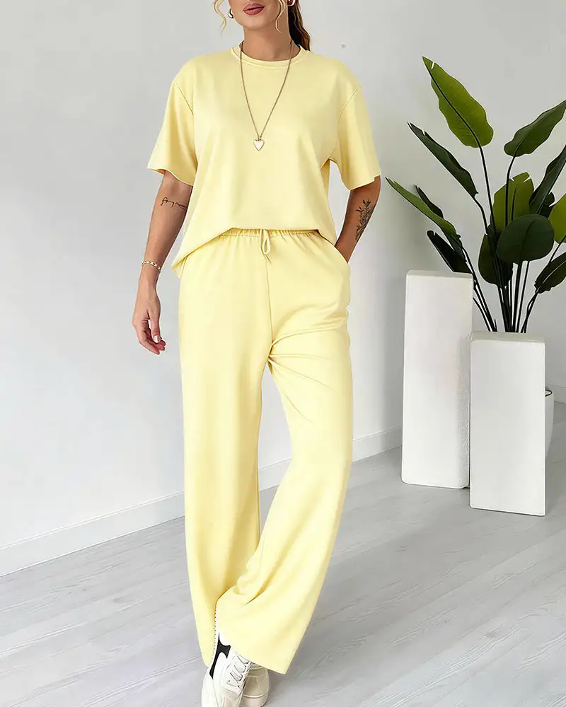 Casual Two-Piece Lounge Set Short Sleeve Top and Wide Leg Pants