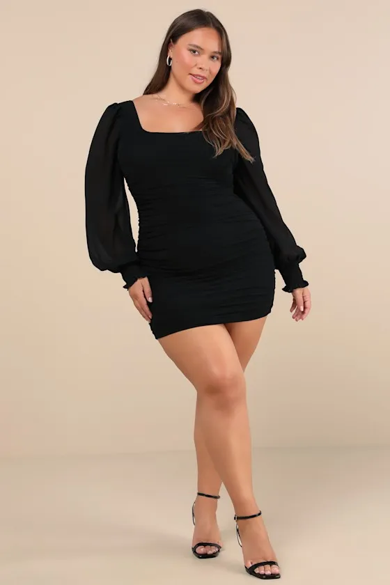 Perfect Sensation Dark Green Mesh Ruched Puff Sleeve Mini Dress