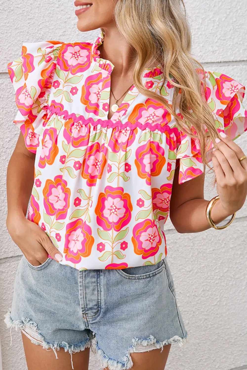 Ruffle Trim Floral Blouse