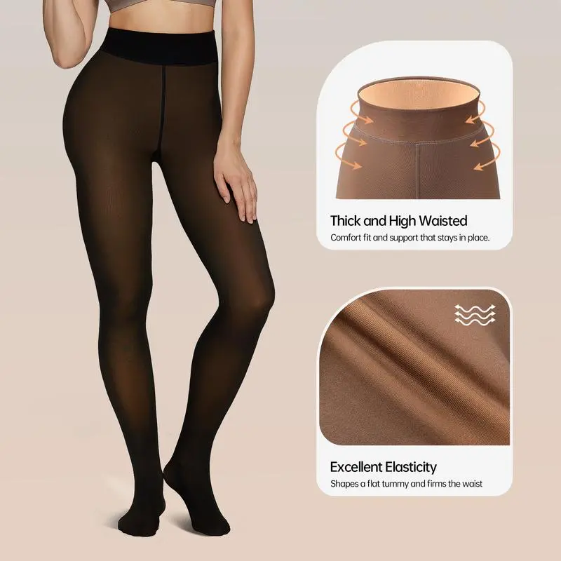 Women Fleece Lined Leggings Sheer Fake Translucent Pantyhose Thermal High Waisted Footed Opaque Tights