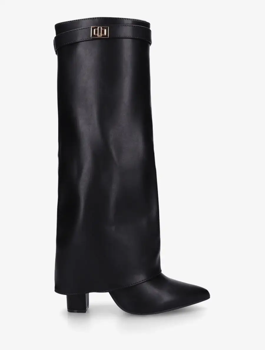 Classic Strap Detail Block Heel Fold-Over Faux Leather Knee High Boots