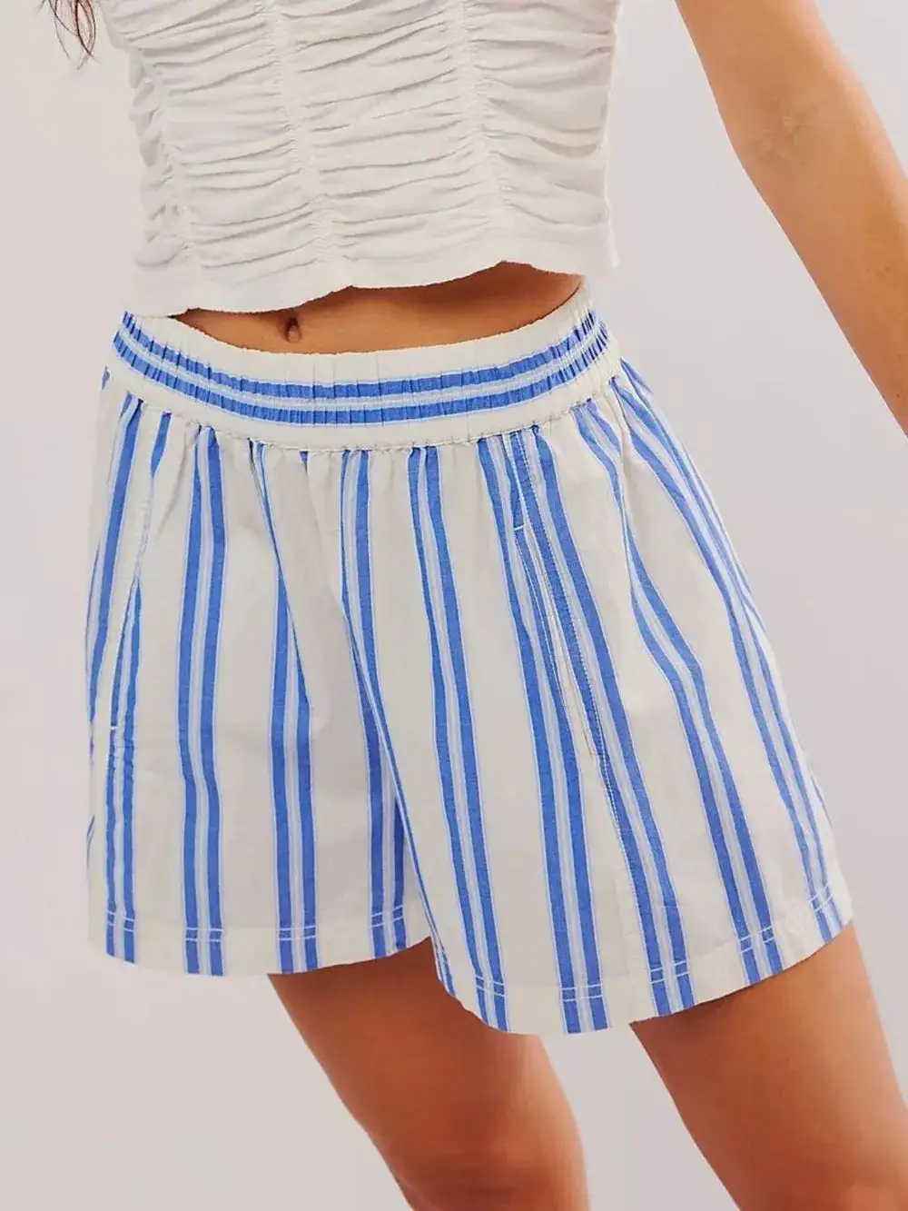 Cotton-Blend Striped Elastic Waist Shorts